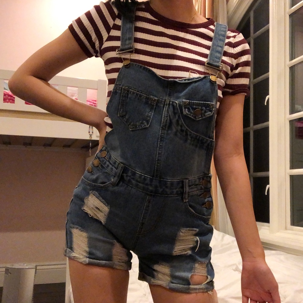 Distressed overall shorts